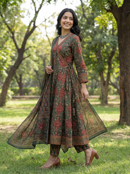 Floral Print A-Line Angrakha Kurta Trouser Dupatta Set