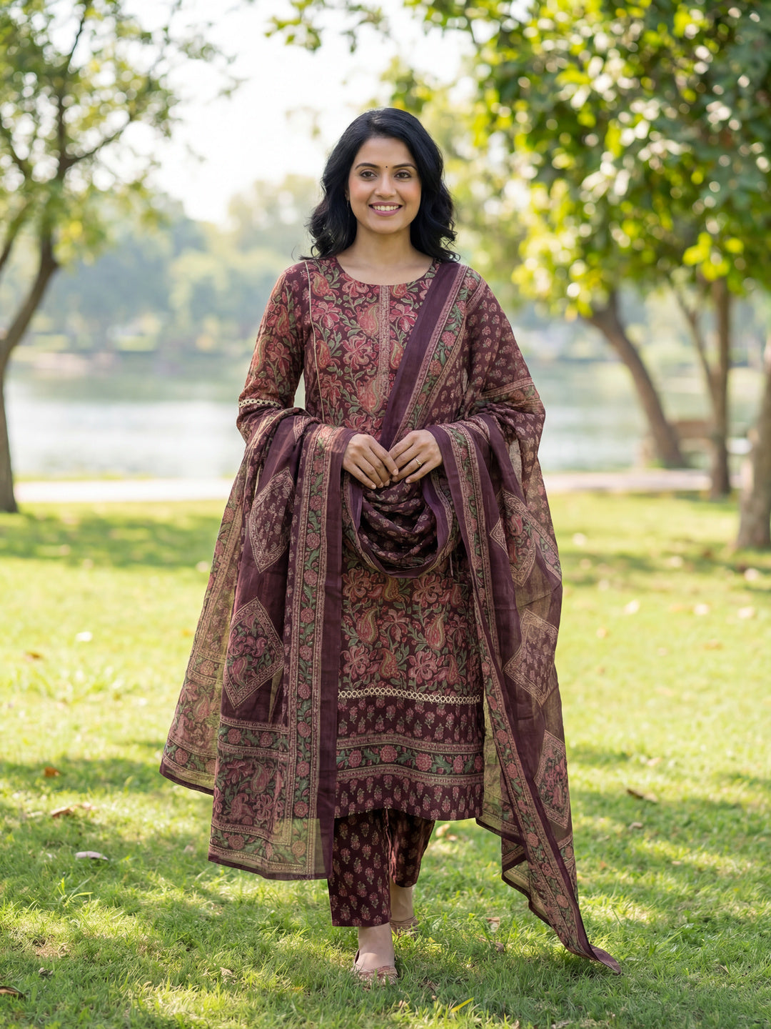 Floral Print Straight Lace Work This Kurta Trouser Dupatta Set