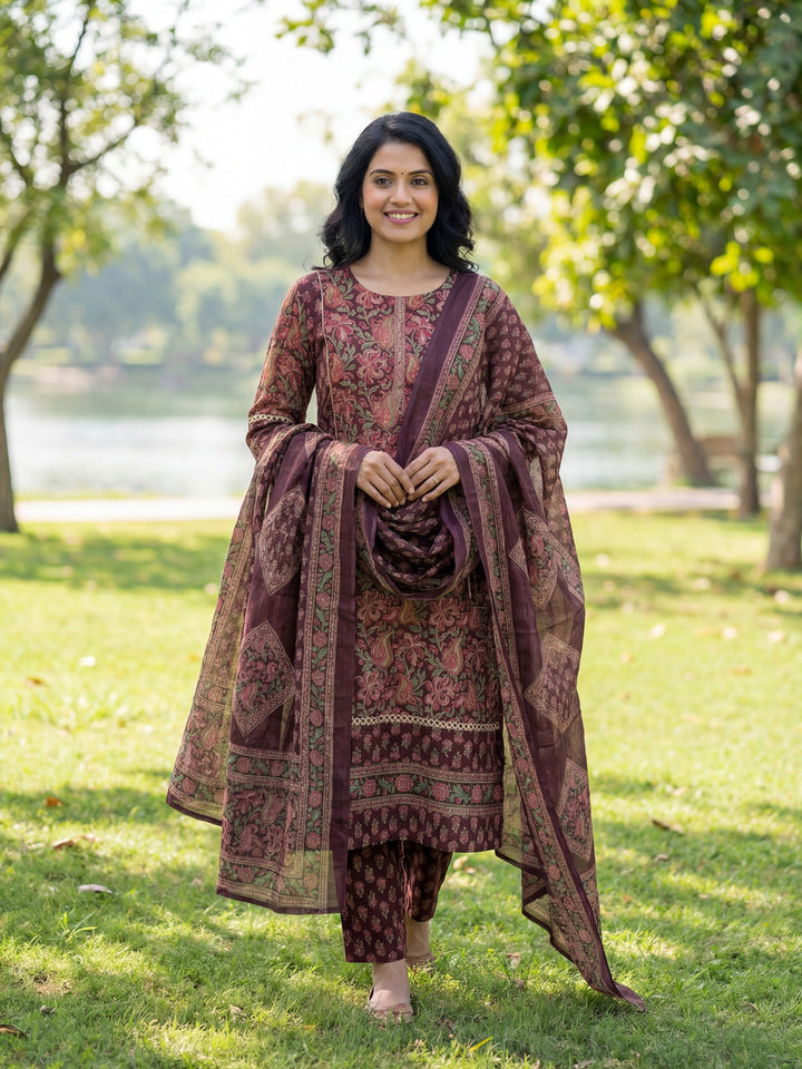 Floral Print Straight Lace Work This Kurta Trouser Dupatta Set