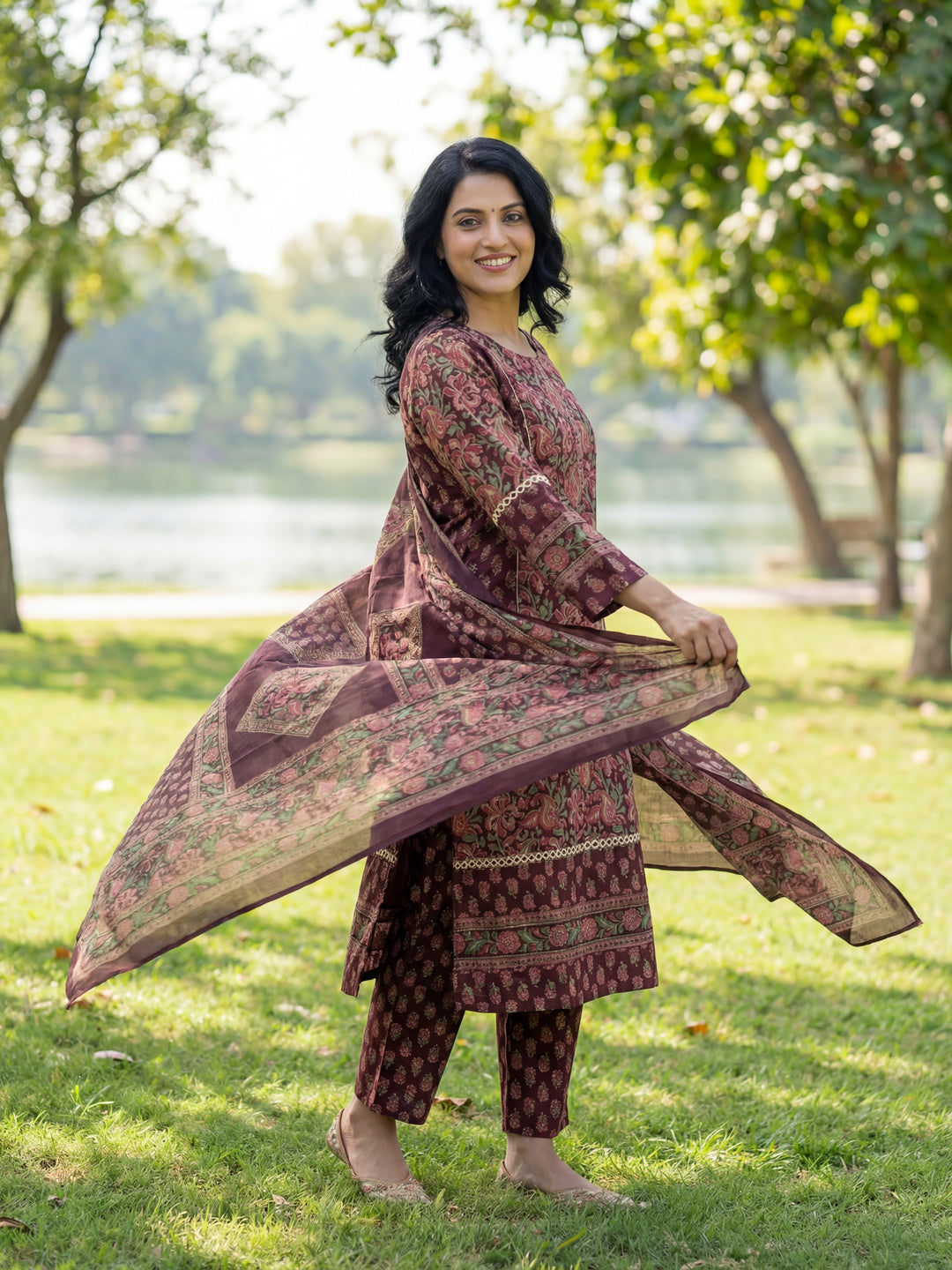 Floral Print Straight Lace Work This Kurta Trouser Dupatta Set