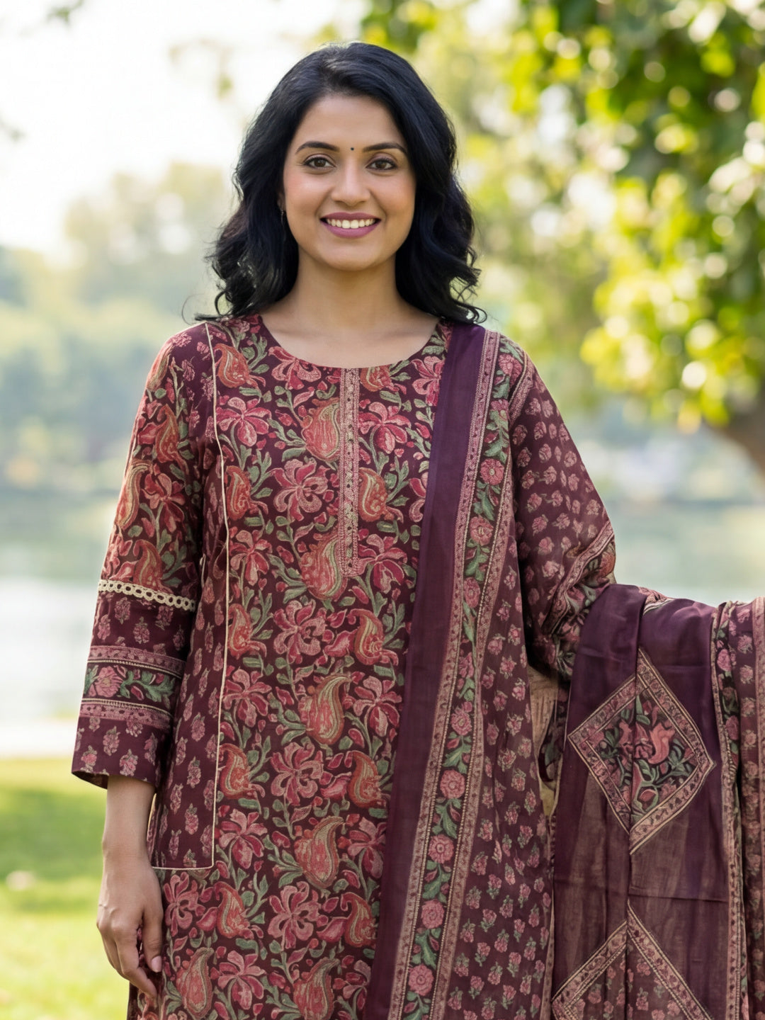 Floral Print Straight Lace Work This Kurta Trouser Dupatta Set