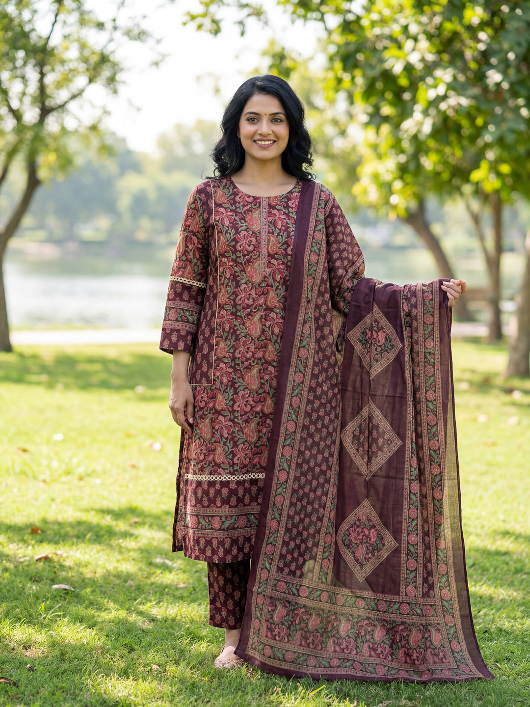 Floral Print Straight Lace Work This Kurta Trouser Dupatta Set