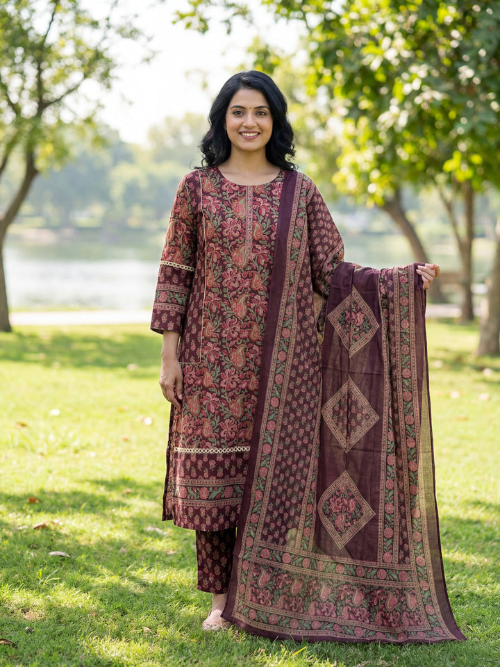 Floral Print Straight Lace Work This Kurta Trouser Dupatta Set