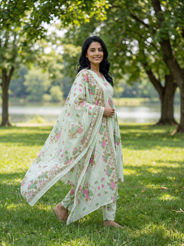 Floral Print A-Line Kurta Trouser Dupatta Set