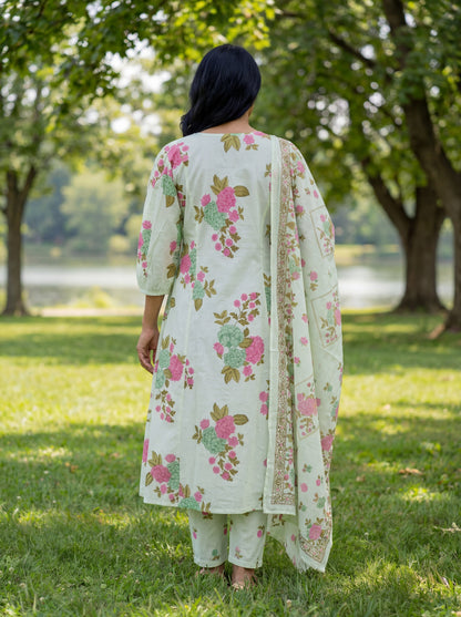 Floral Print A-Line Kurta Trouser Dupatta Set