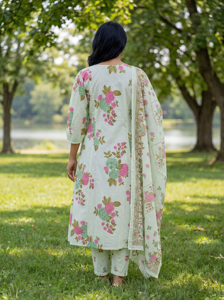 Floral Print A-Line Kurta Trouser Dupatta Set