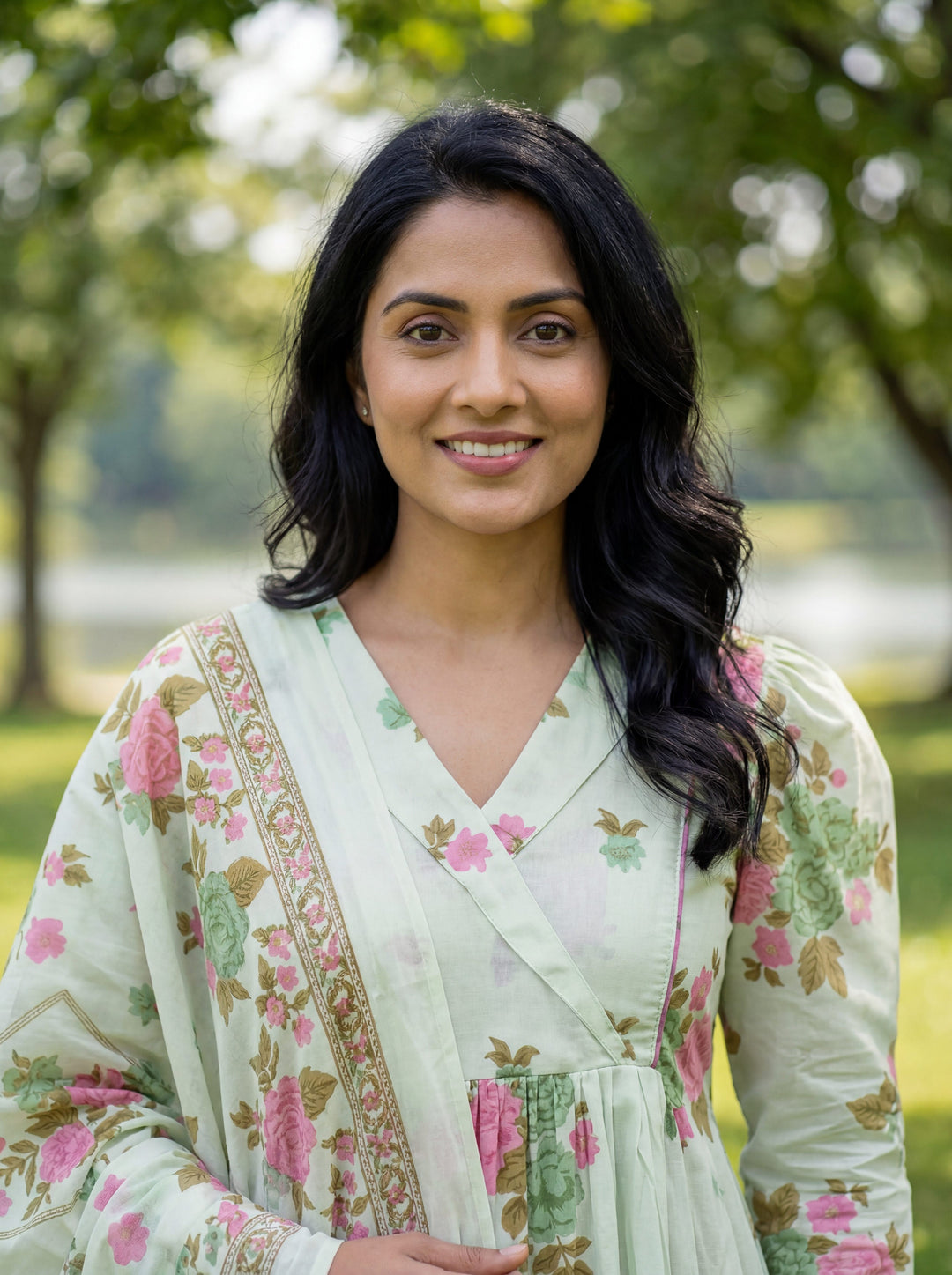 Floral Print A-Line Kurta Trouser Dupatta Set