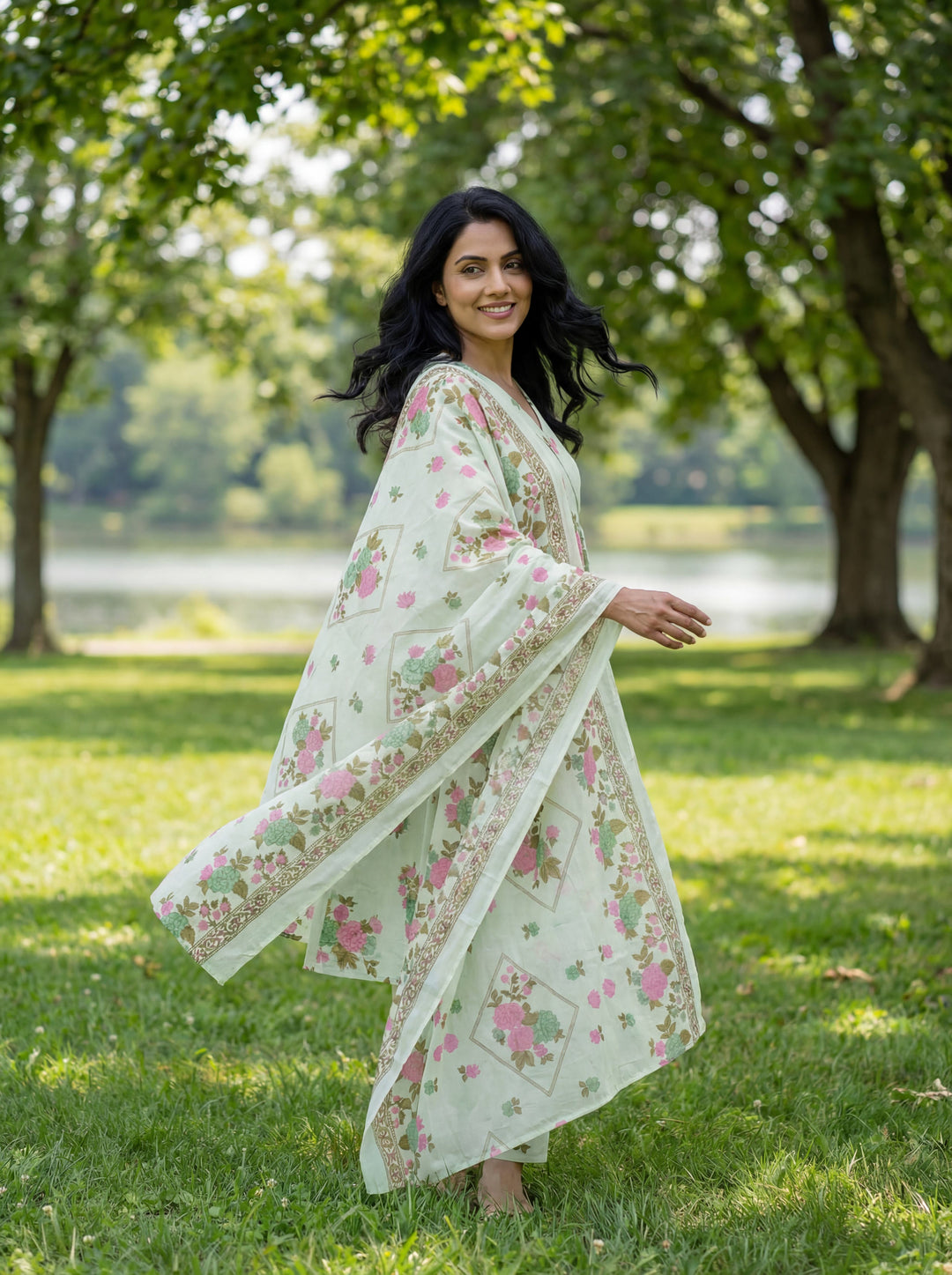 Floral Print A-Line Kurta Trouser Dupatta Set