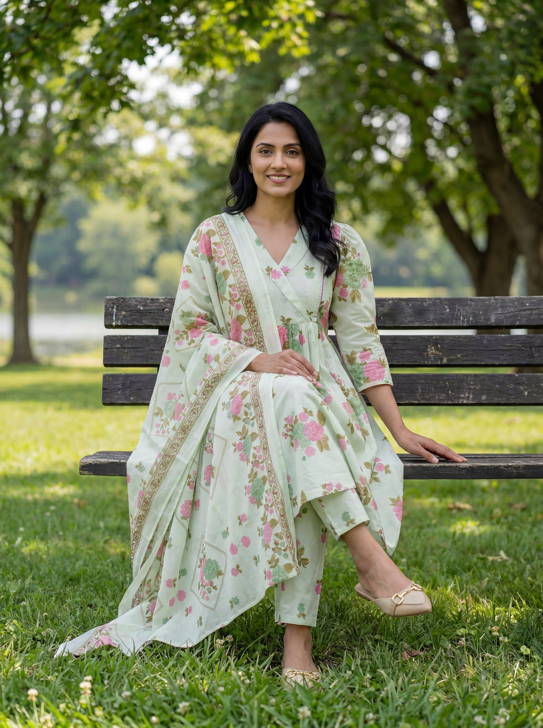 Floral Print A-Line Kurta Trouser Dupatta Set