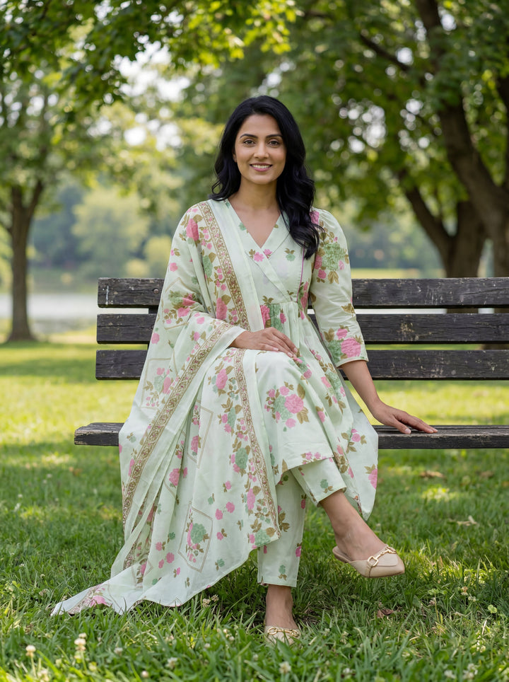 Floral Print A-Line Kurta Trouser Dupatta Set