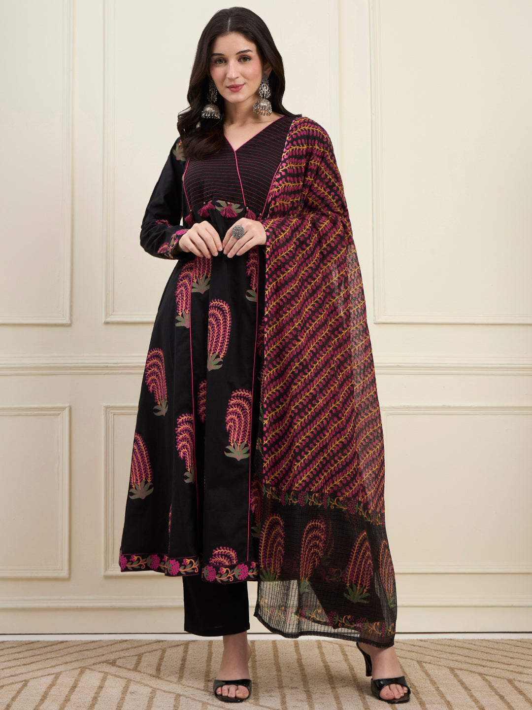 Cotton Flare Kantha Work Kurta Pant Dupatta Set