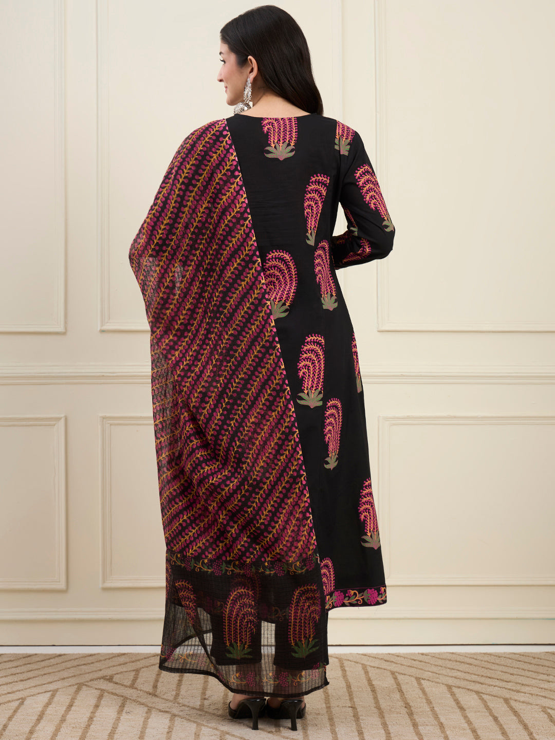 Cotton Flare Kantha Work Kurta Pant Dupatta Set