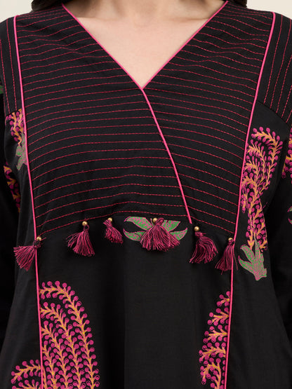 Cotton Flare Kantha Work Kurta Pant Dupatta Set