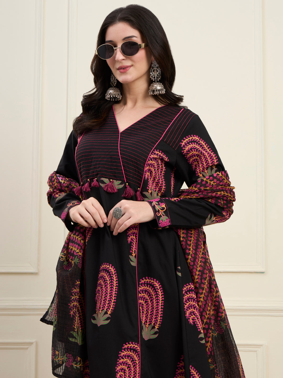 Cotton Flare Kantha Work Kurta Pant Dupatta Set
