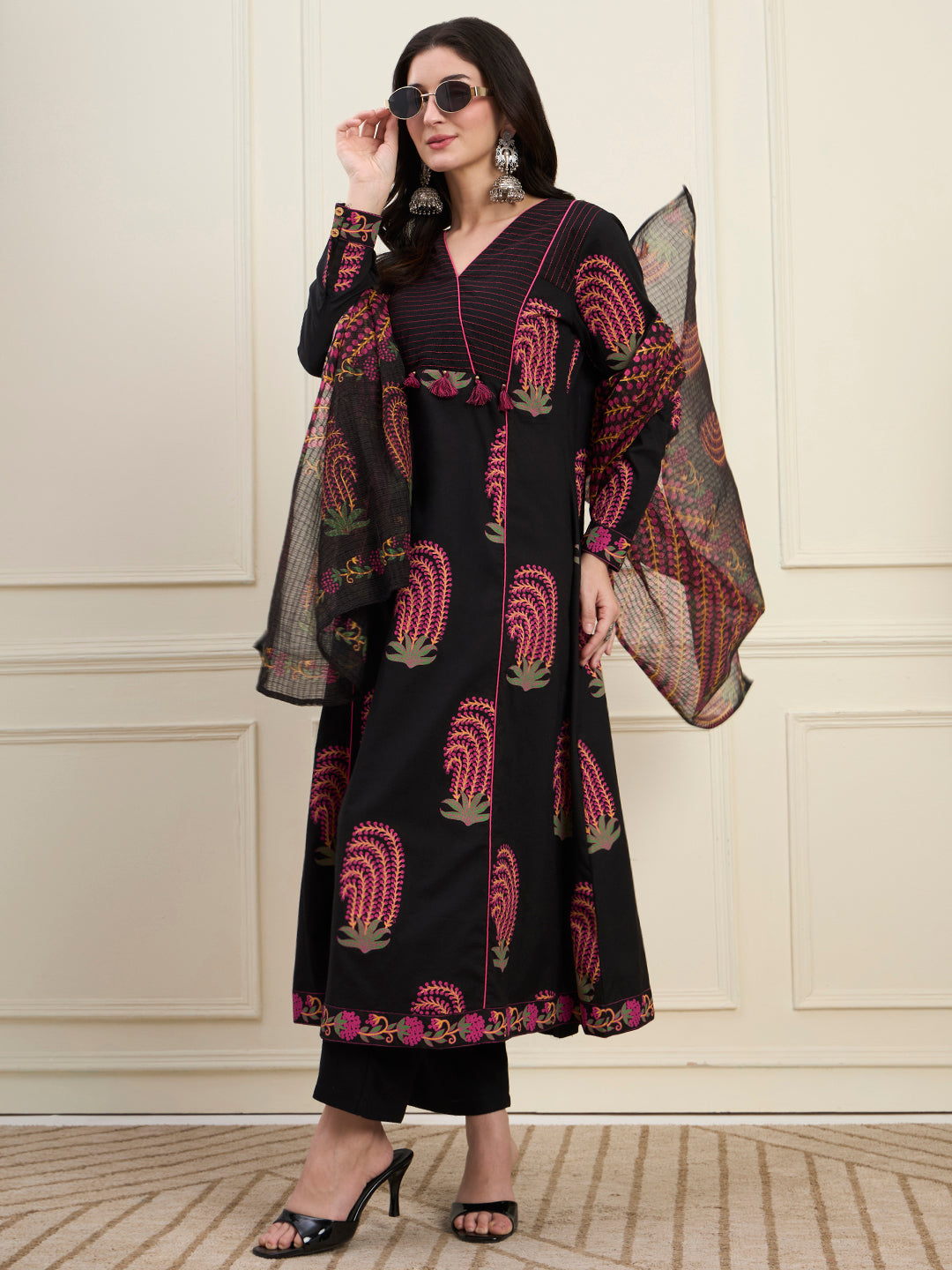 Cotton Flare Kantha Work Kurta Pant Dupatta Set