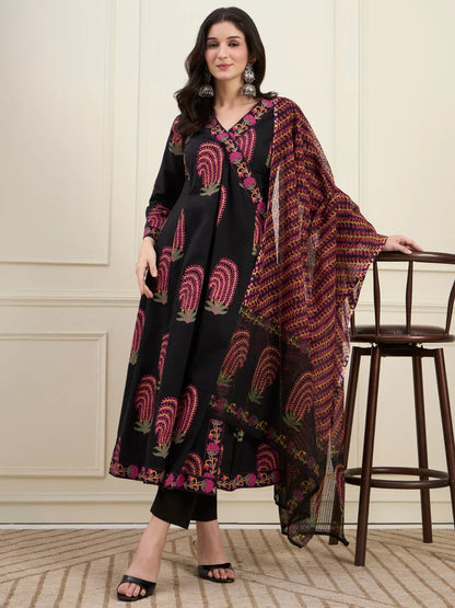 Cotton Angrkha Style Kurta Pant Dupatta Set