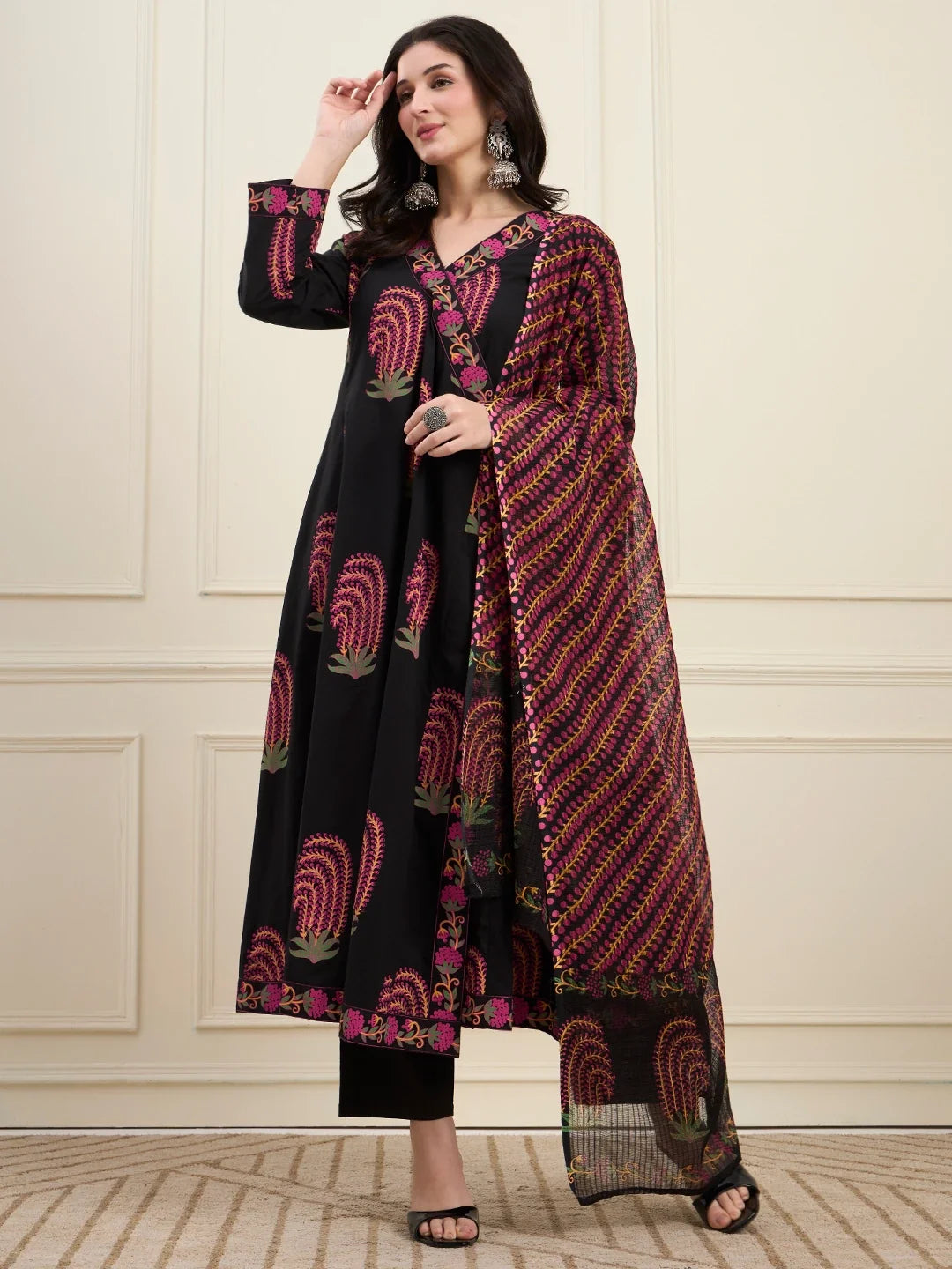 Cotton Angrkha Style Kurta Pant Dupatta Set
