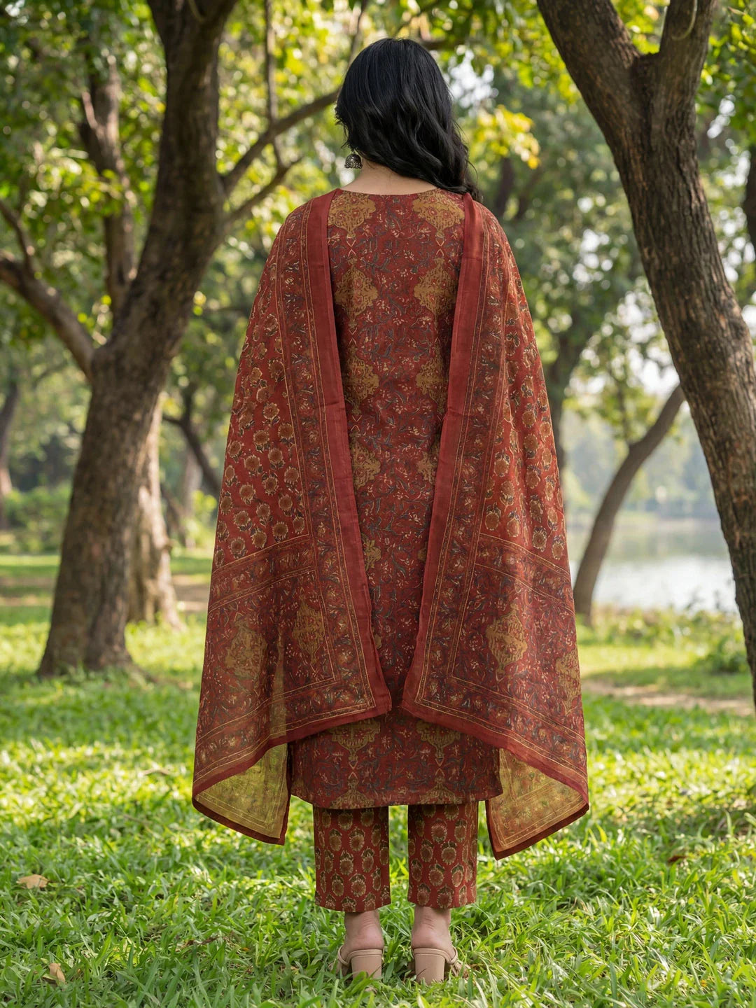 Floral Print Straight Lace Work Piping Design Kurta Trouser Dupatta Set