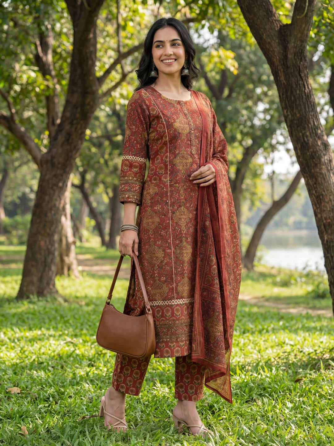Floral Print Straight Lace Work Piping Design Kurta Trouser Dupatta Set