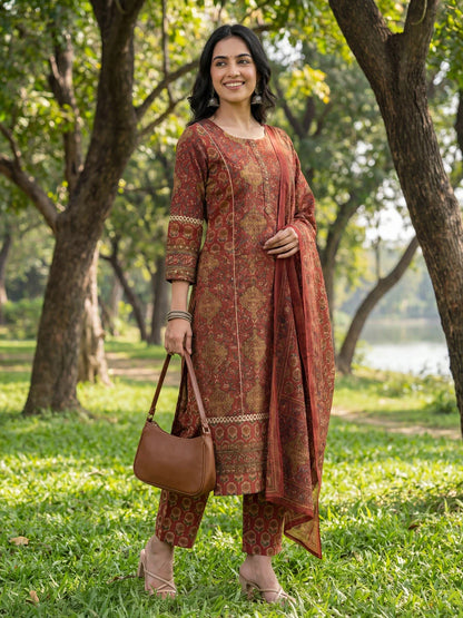 Floral Print Straight Lace Work Piping Design Kurta Trouser Dupatta Set