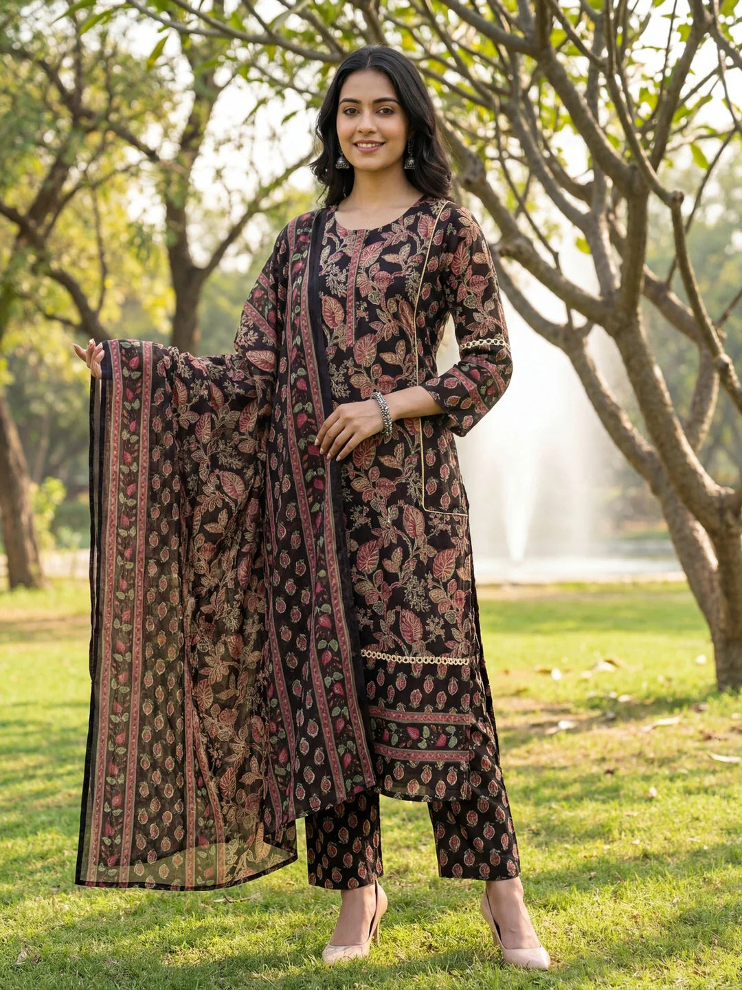 Floral Print Straight Lace Work This Kurta Trouser Dupatta Set