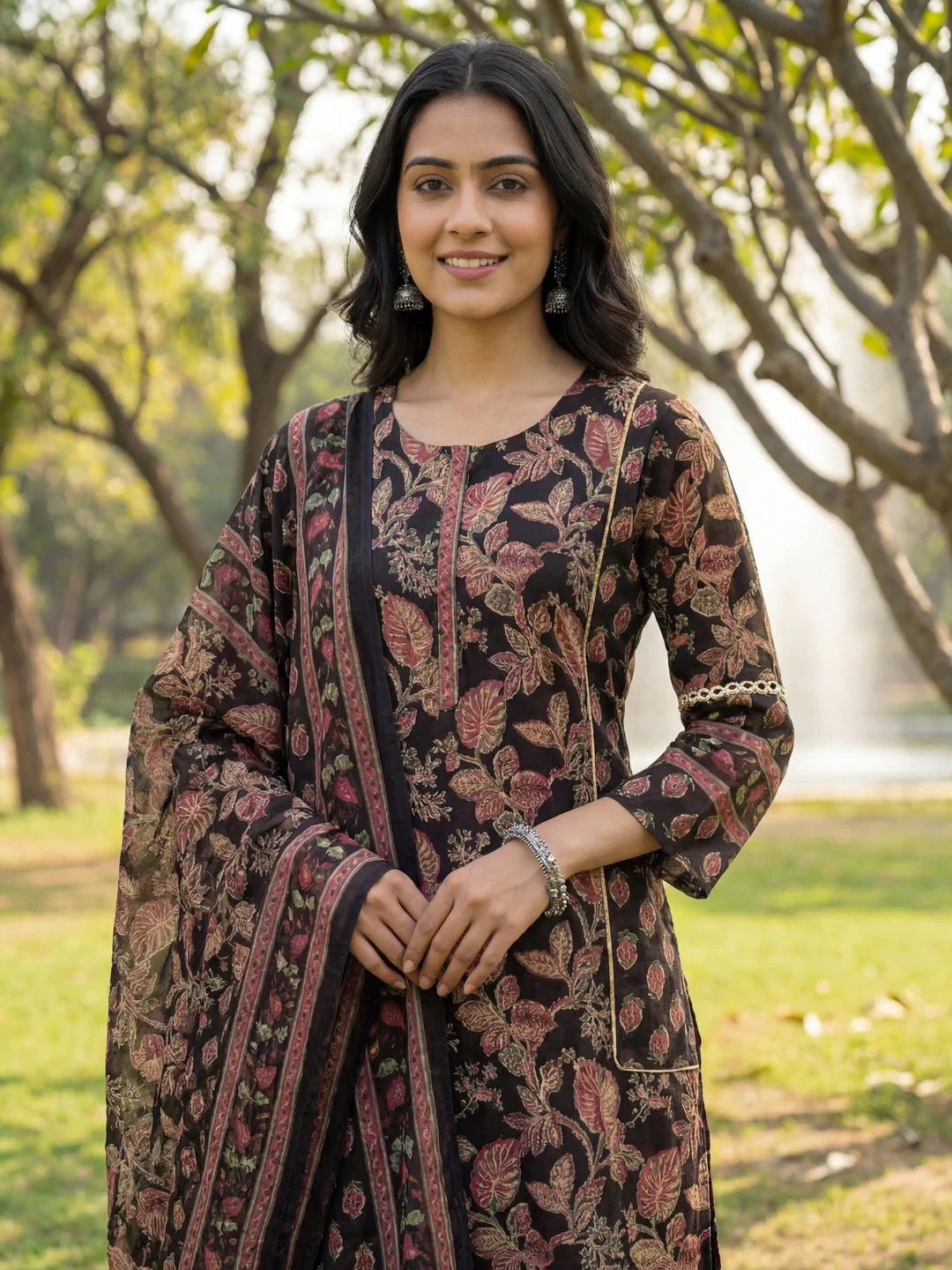 Floral Print Straight Lace Work This Kurta Trouser Dupatta Set