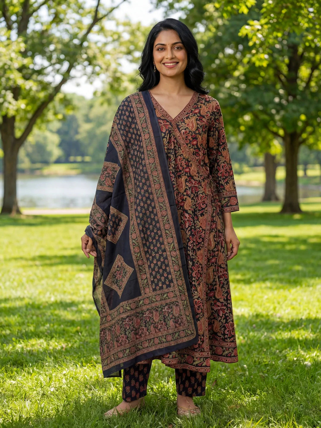 Floral Print A-Line Angrakha Kurta Trouser Dupatta Set