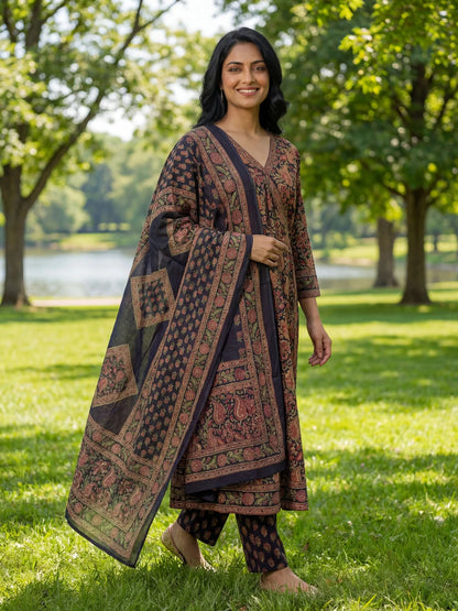 Floral Print A-Line Angrakha Kurta Trouser Dupatta Set