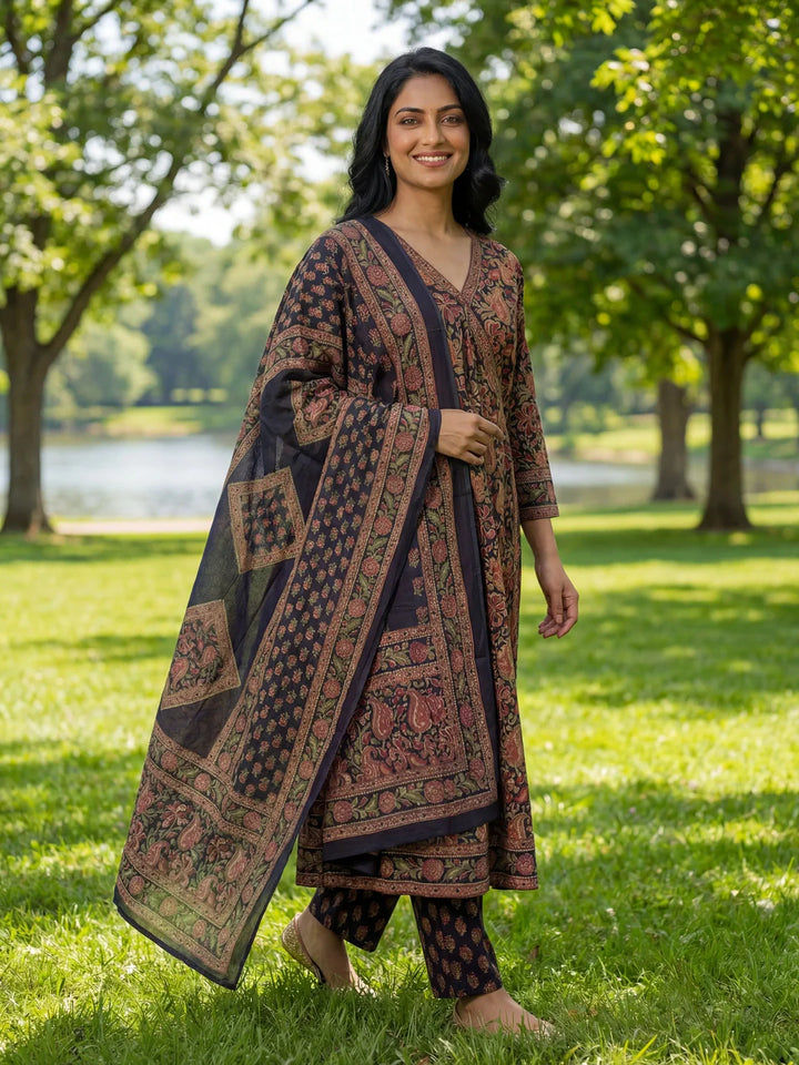 Floral Print A-Line Angrakha Kurta Trouser Dupatta Set