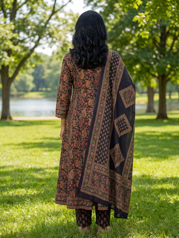 Floral Print A-Line Angrakha Kurta Trouser Dupatta Set
