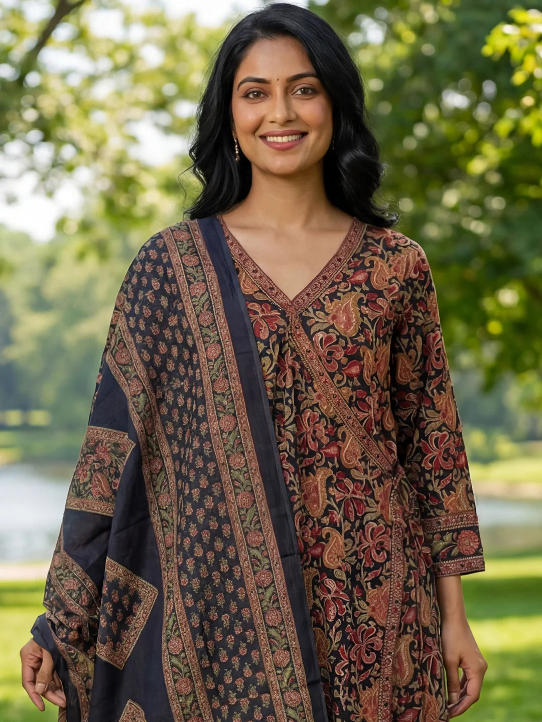 Floral Print A-Line Angrakha Kurta Trouser Dupatta Set