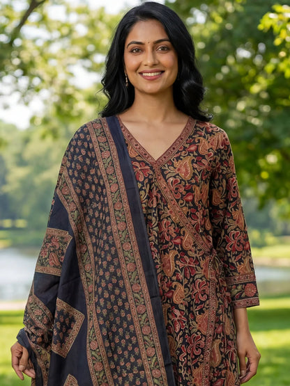 Floral Print A-Line Angrakha Kurta Trouser Dupatta Set