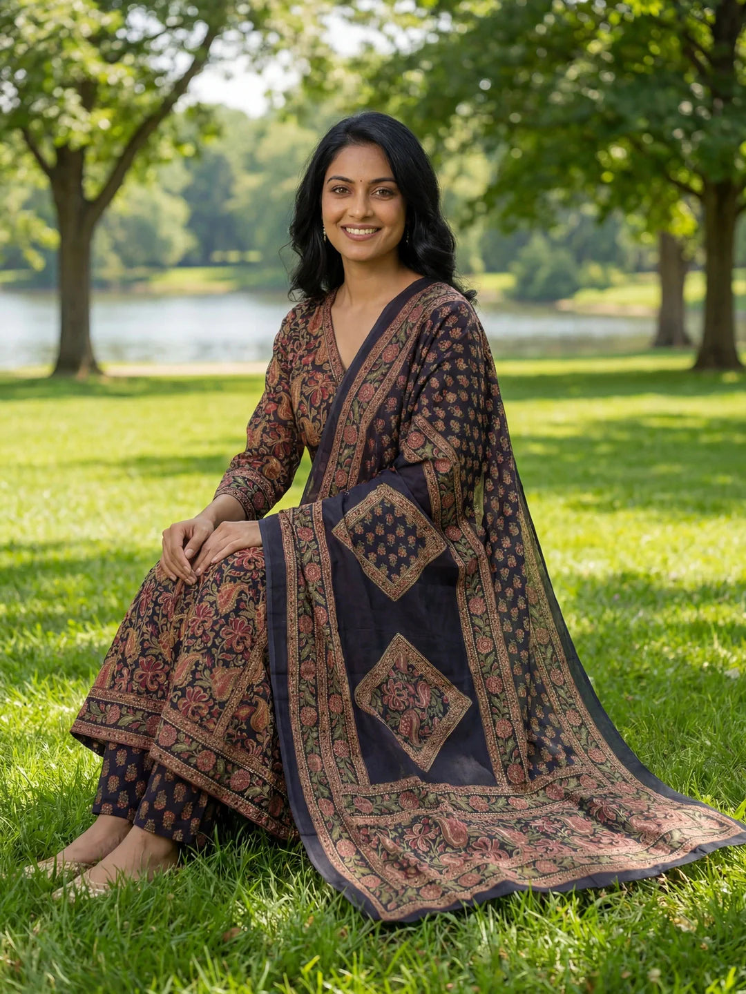 Floral Print A-Line Angrakha Kurta Trouser Dupatta Set