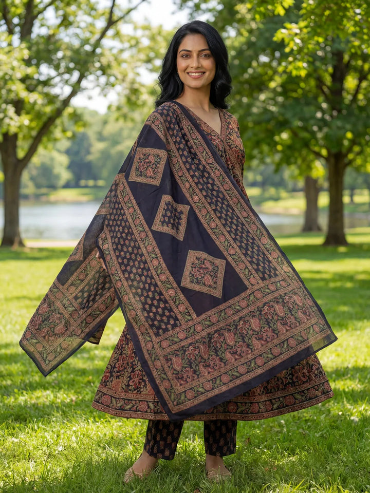 Floral Print A-Line Angrakha Kurta Trouser Dupatta Set