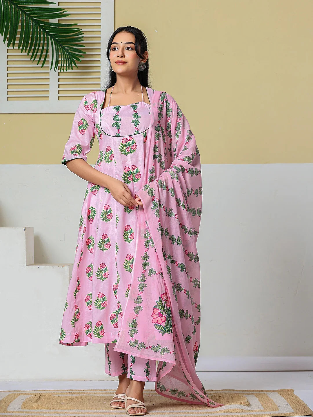 Cotton Kalidaar Style Kurta Pant Dupatta Set