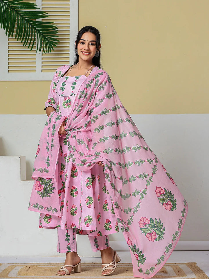 Cotton Kalidaar Style Kurta Pant Dupatta Set