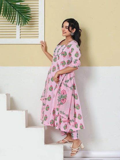 Cotton Kalidaar Style Kurta Pant Dupatta Set