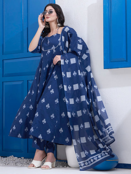 Cotton Kalidaar Style Kurta Pant Dupatta Set