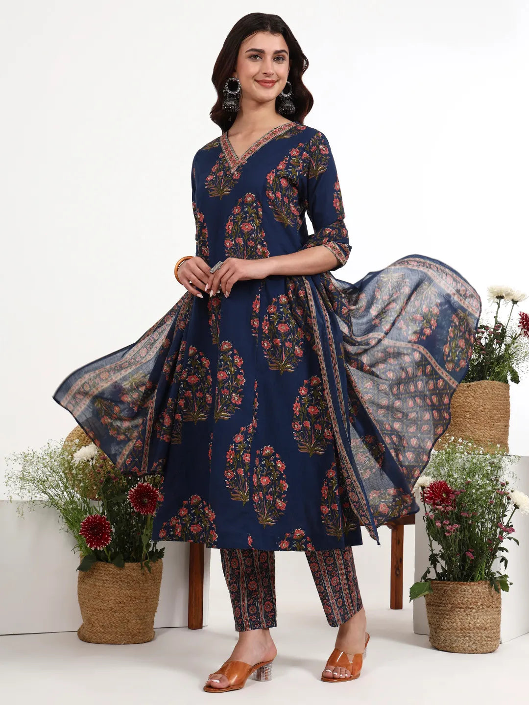 Cotton Kalidaar Style Kurta Pant Dupatta Set