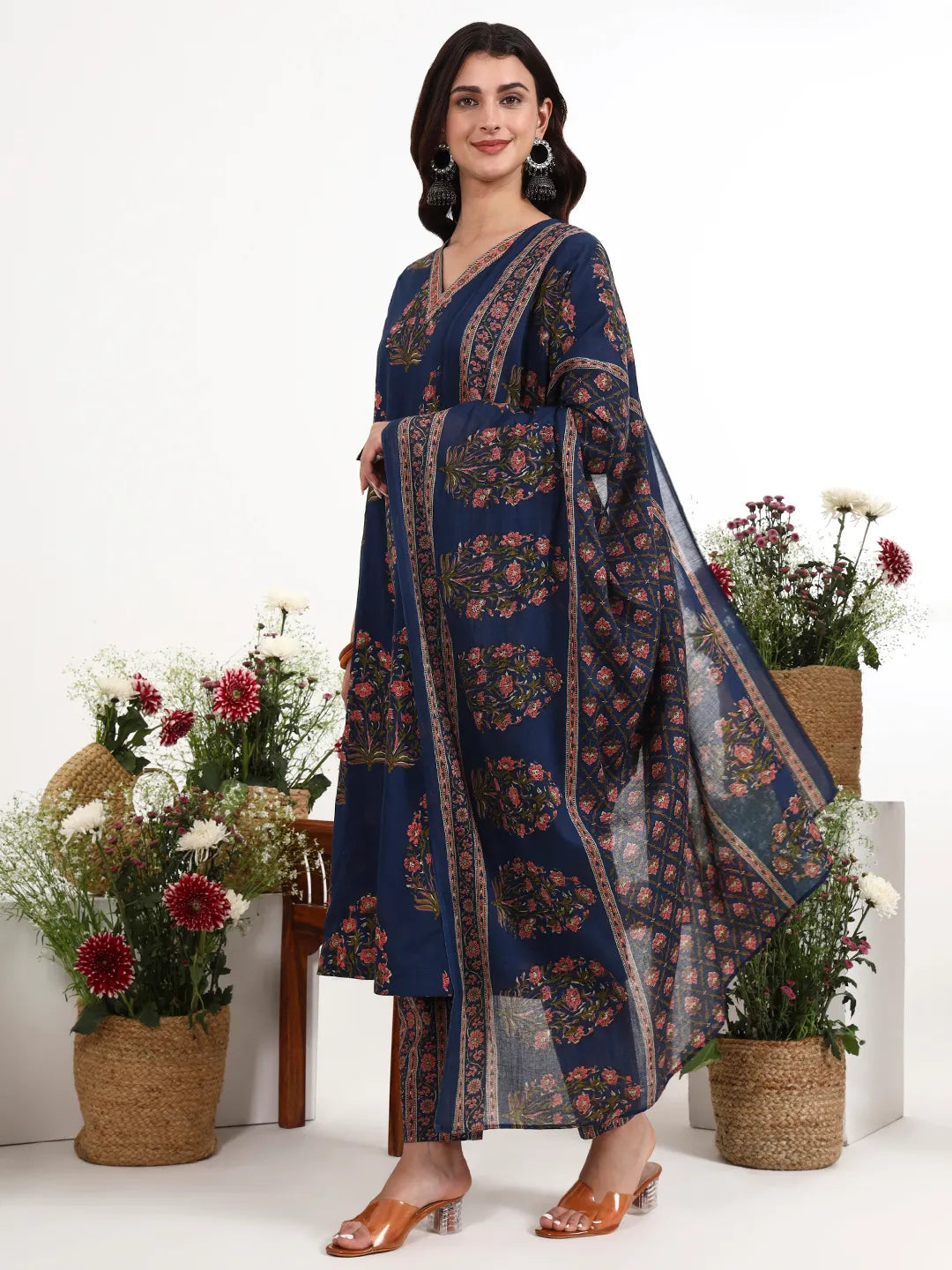 Cotton Kalidaar Style Kurta Pant Dupatta Set