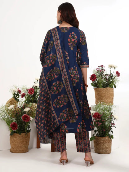 Cotton Kalidaar Style Kurta Pant Dupatta Set