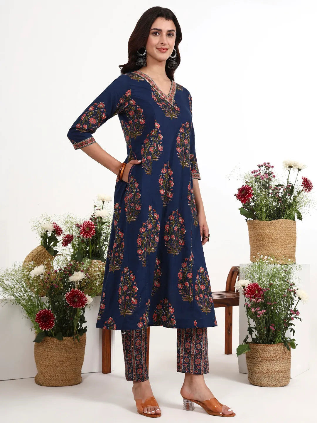 Cotton Kalidaar Style Kurta Pant Dupatta Set