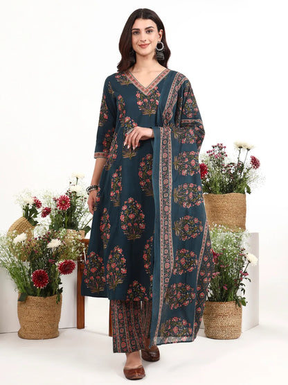 Cotton Kalidaar Style Kurta Pant Dupatta Set