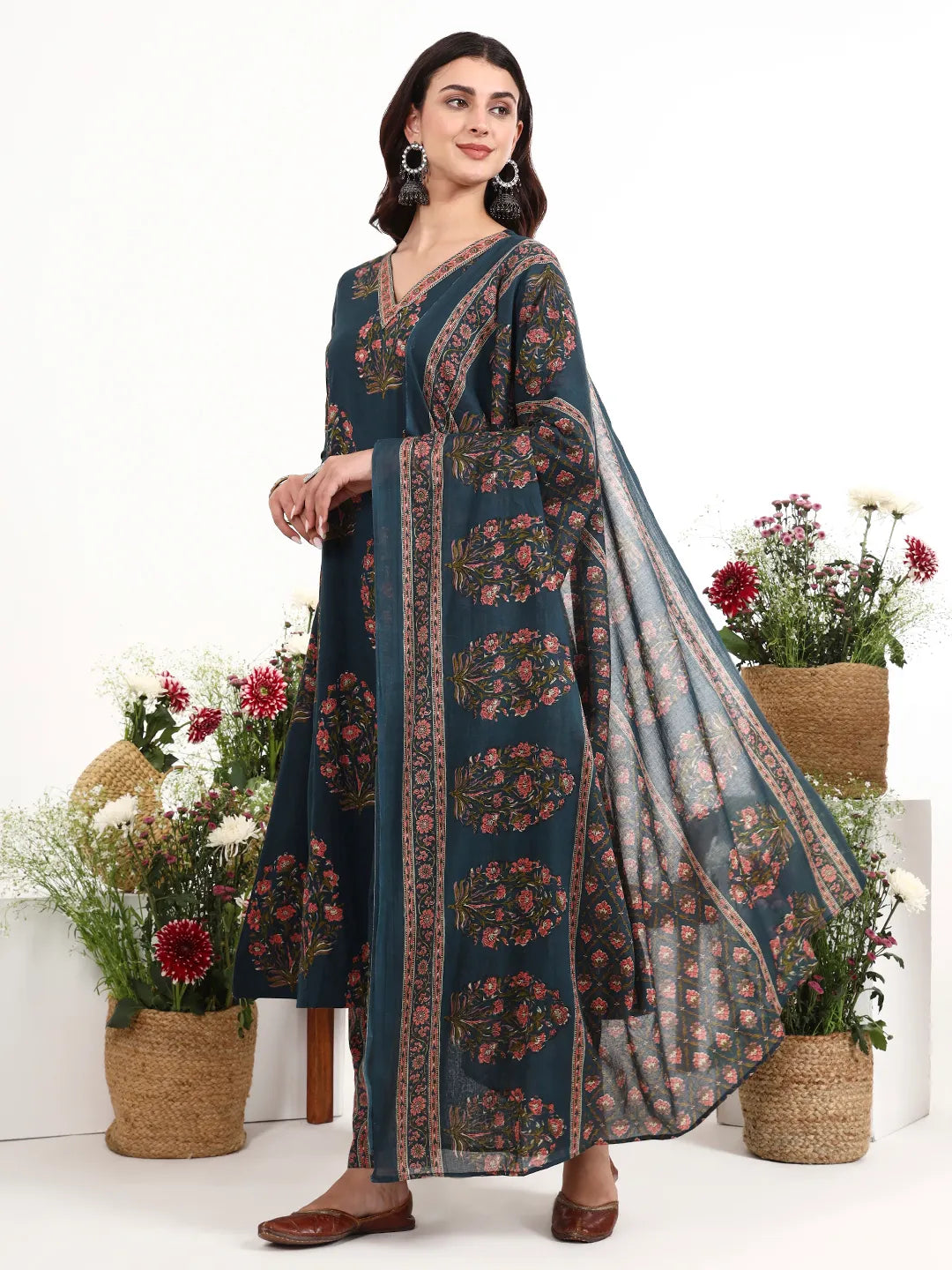 Cotton Kalidaar Style Kurta Pant Dupatta Set