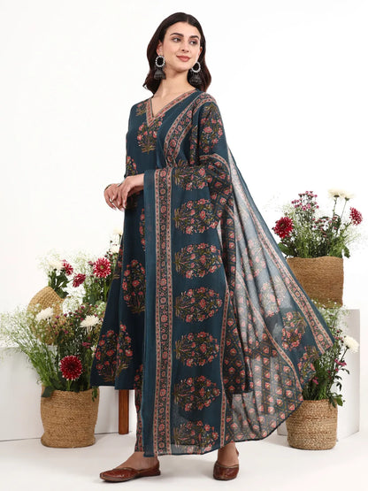 Cotton Kalidaar Style Kurta Pant Dupatta Set