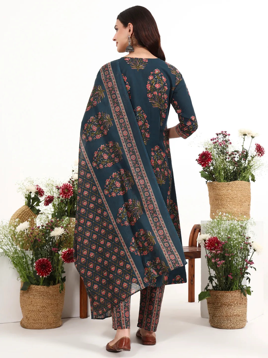 Cotton Kalidaar Style Kurta Pant Dupatta Set