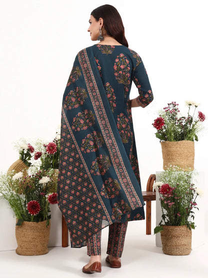 Cotton Kalidaar Style Kurta Pant Dupatta Set
