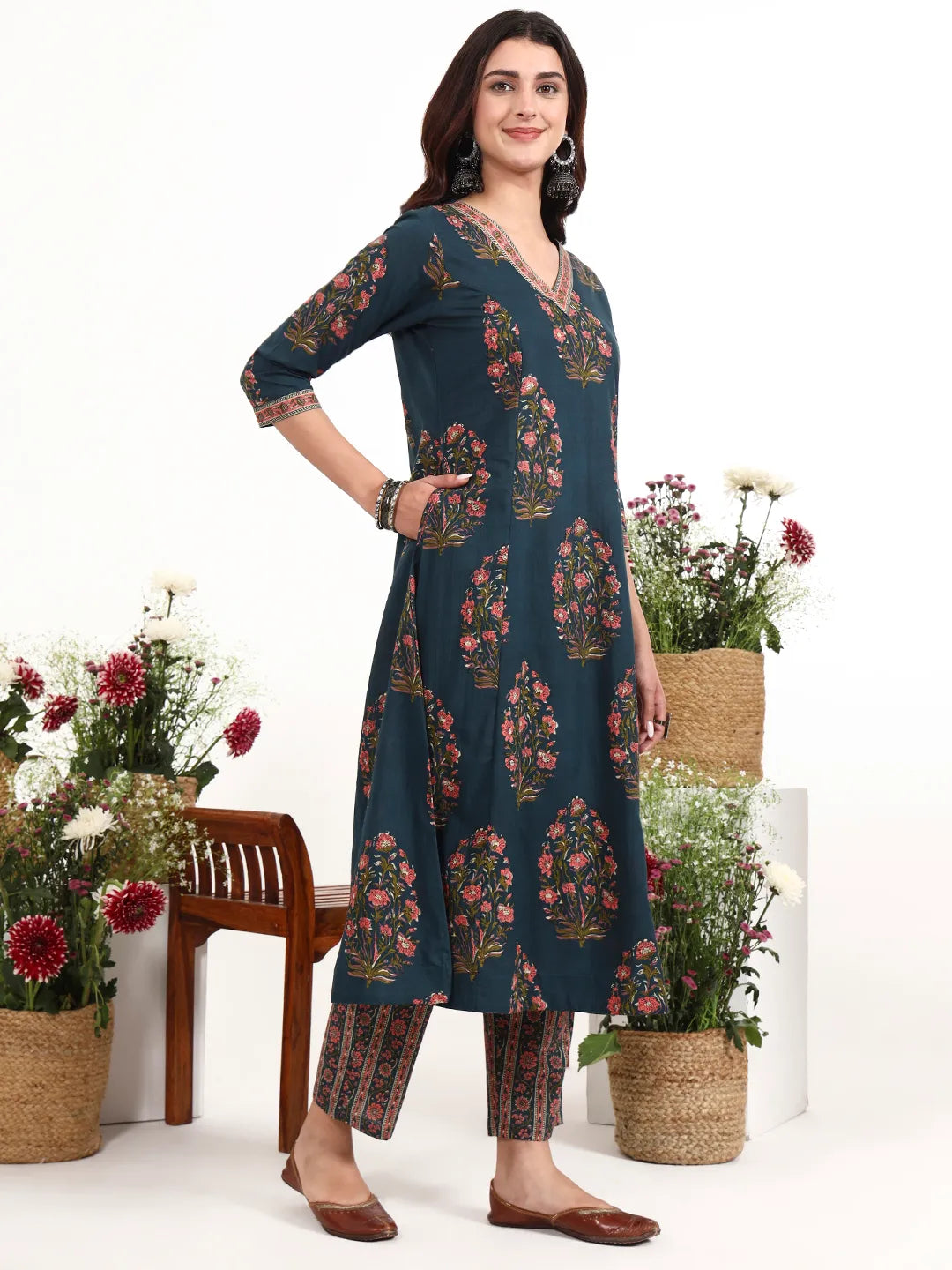 Cotton Kalidaar Style Kurta Pant Dupatta Set