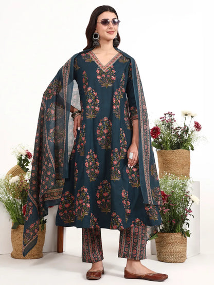 Cotton Kalidaar Style Kurta Pant Dupatta Set