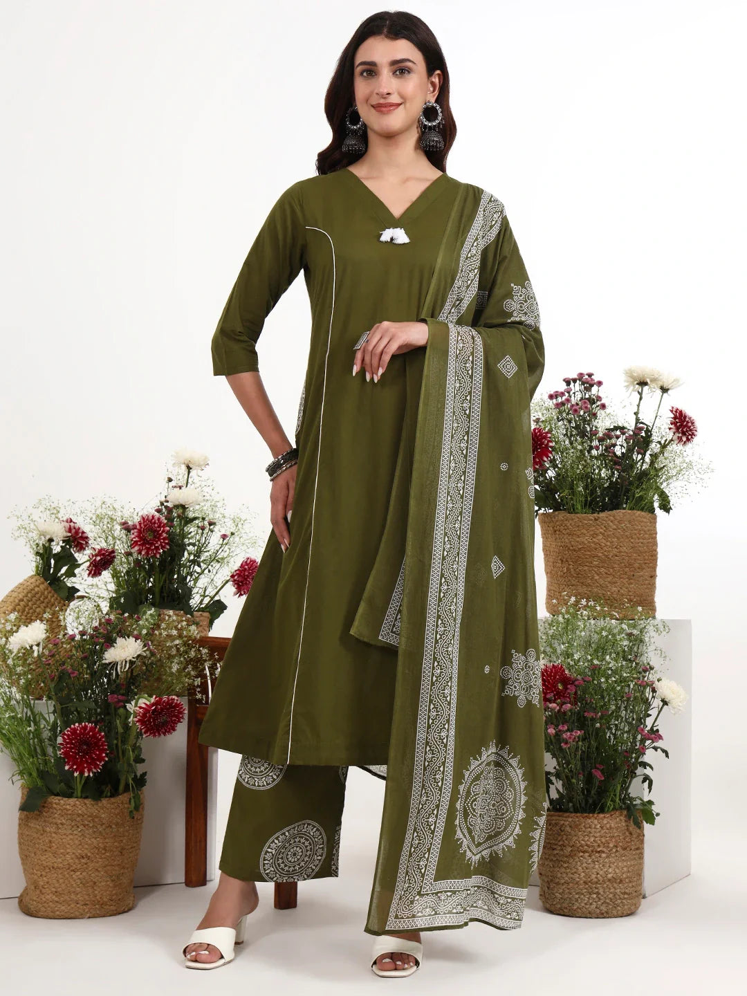 Cotton Kalidaar Style Kurta Pant Dupatta Set